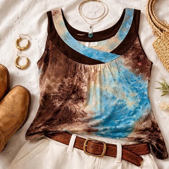 Sami & Jo Tops - Y2K Tank Top Womens M Chocolate Brown Turquoise Velvet Burnout Coastal Cowgirl